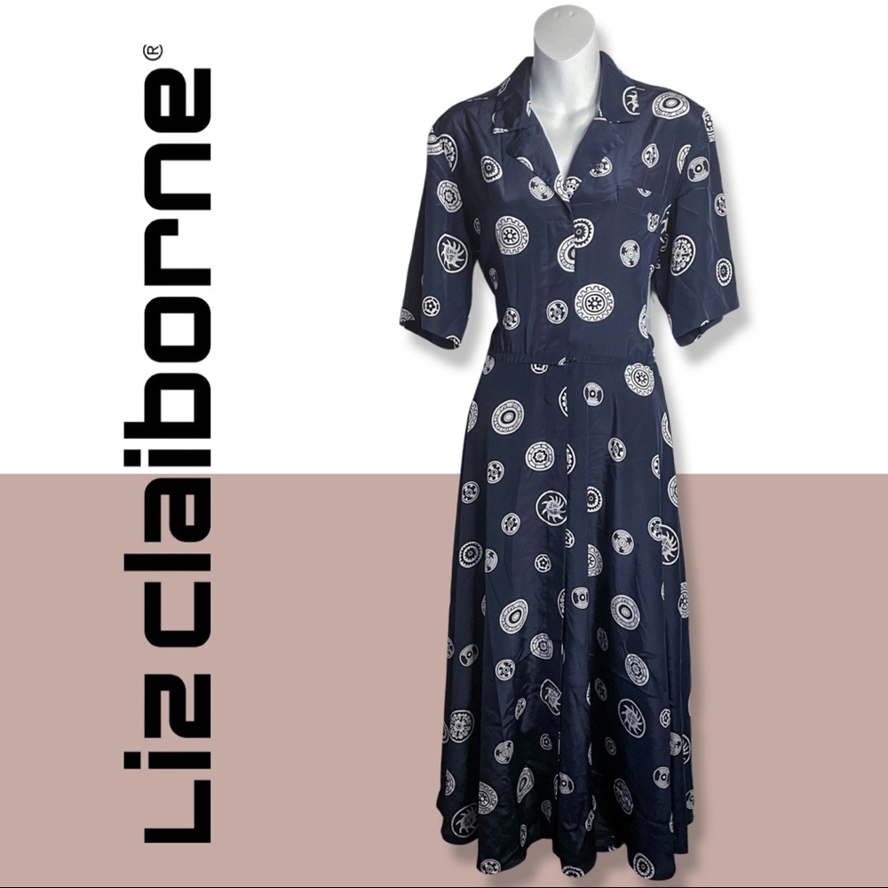 👗 Vintage Liz Claiborne Summer Button Down Collared Polka Dot Dress Navy Sz 8 M